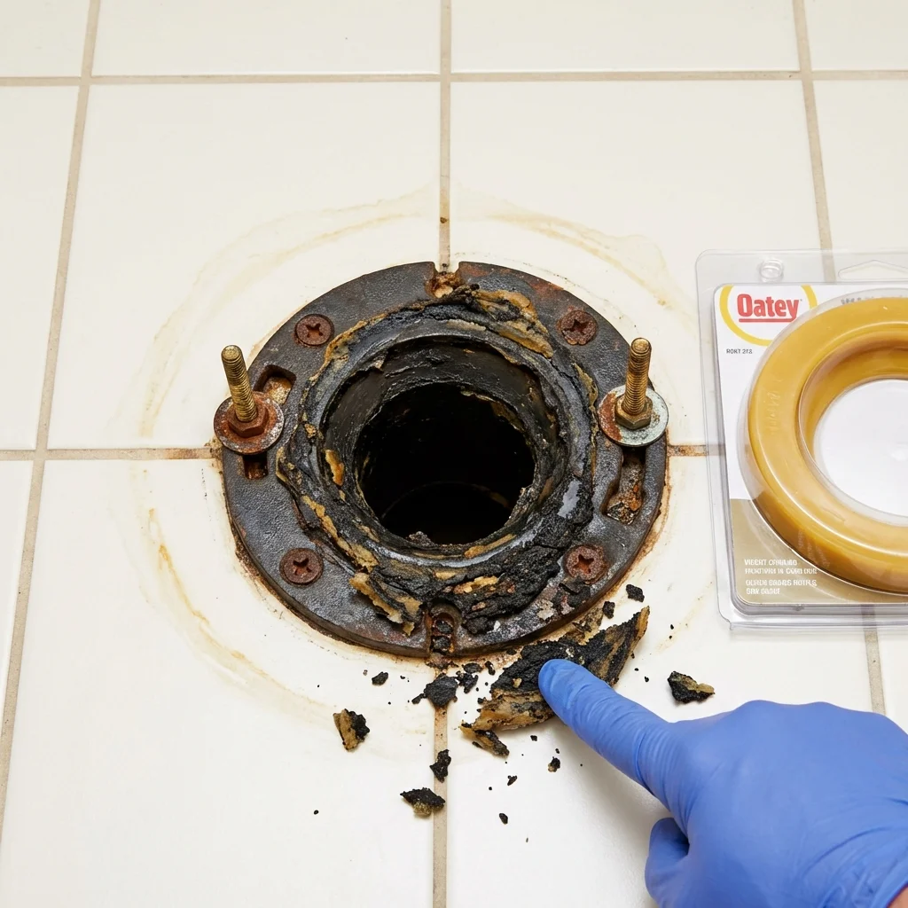 Failed wax ring showing water seepage at the base of a toilet in a Atlantic Beach, NC home